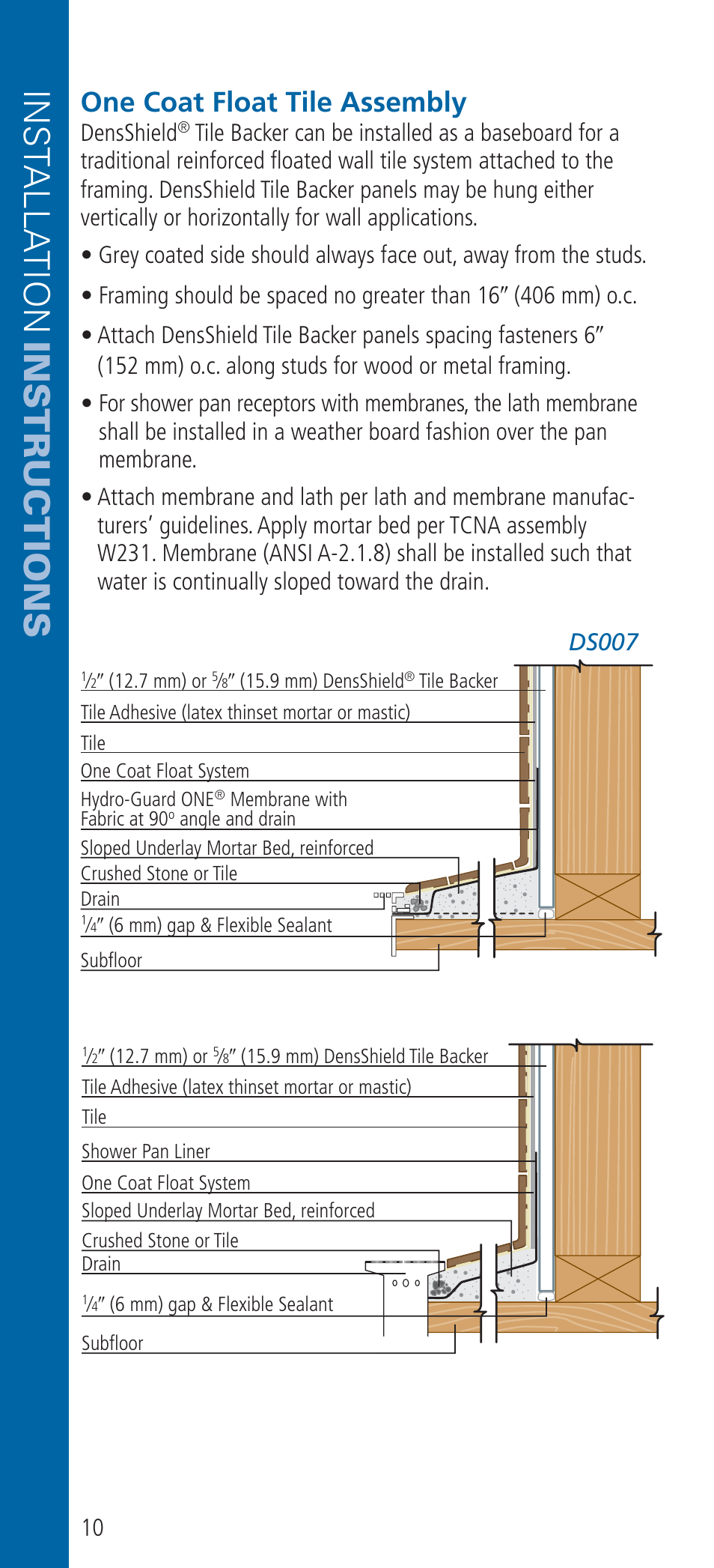 Inst alla tion instructions, One coat float tile assembly, Densshield | Ds007 | Georgia-Pacific DensShield Tile Backer User Manual | Page 10 / 24