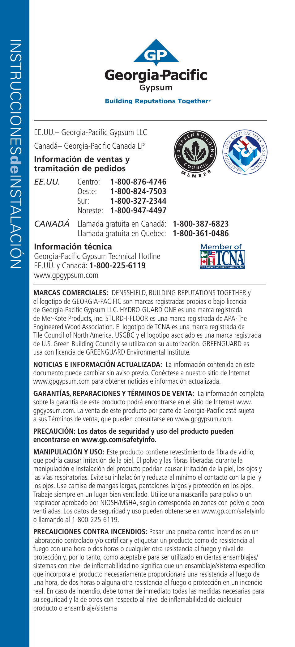 Instrucciones de inst alación | Georgia-Pacific DensShield Tile Backer User Manual | Page 13 / 24