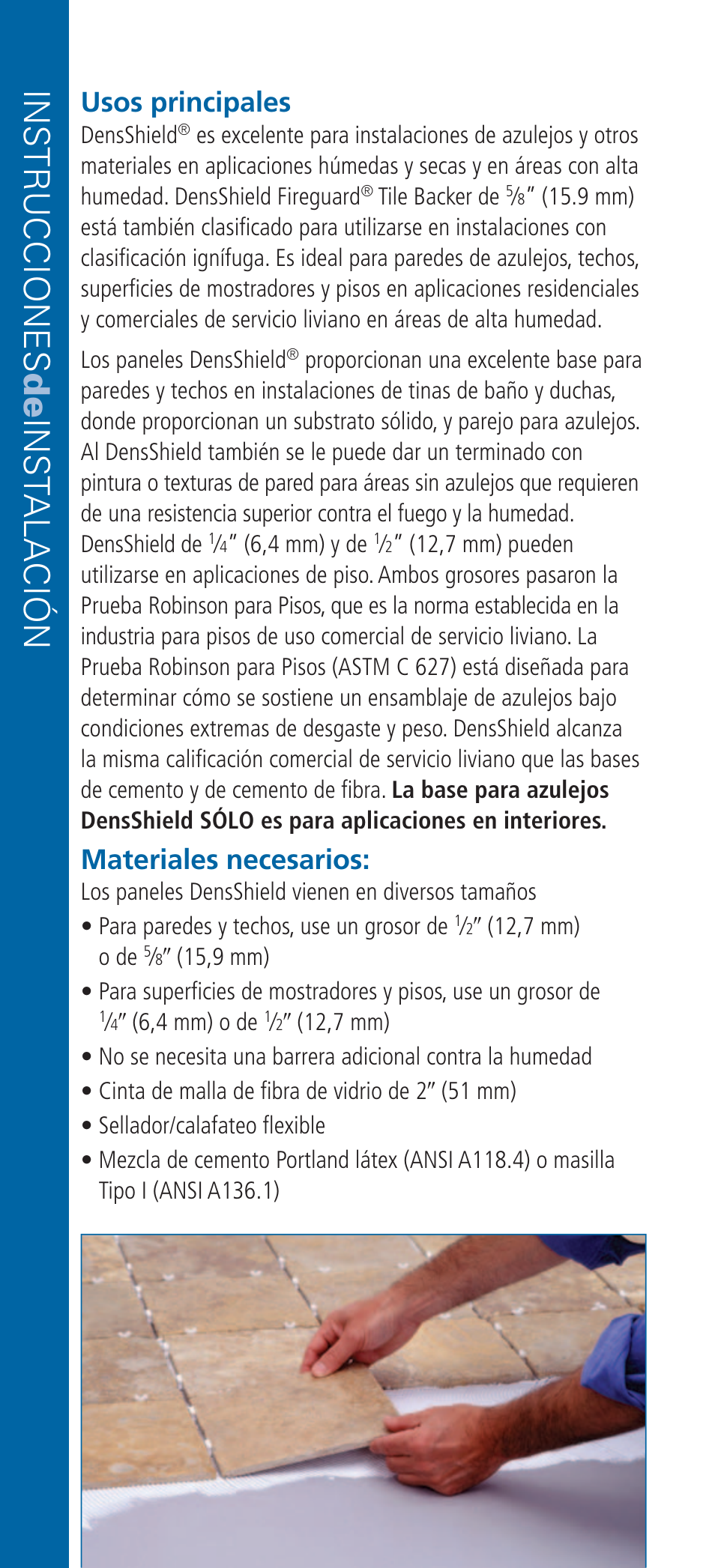 Instrucciones de inst alación, Usos principales, Materiales necesarios | Georgia-Pacific DensShield Tile Backer User Manual | Page 16 / 24