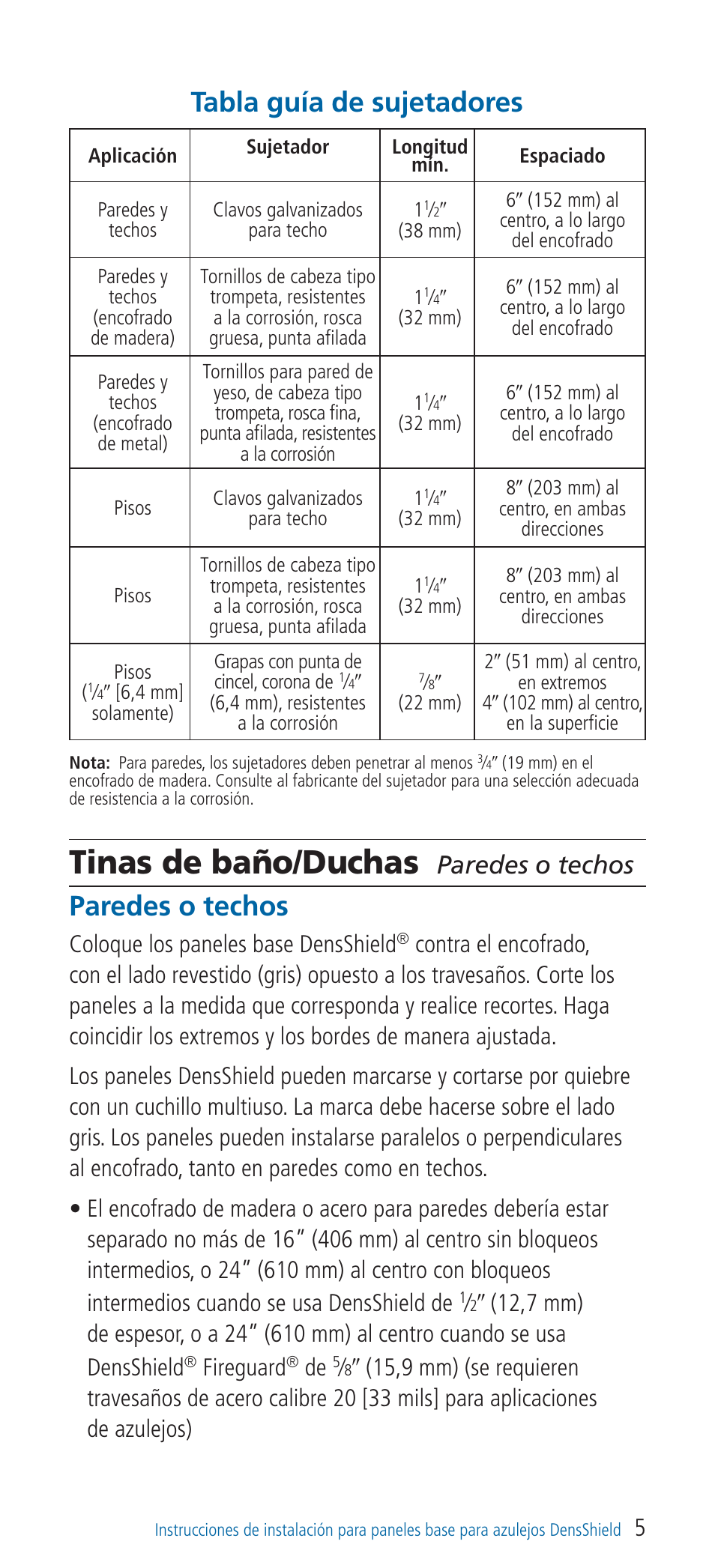 Tinas de baño/duchas, Tabla guía de sujetadores, Paredes o techos | Coloque los paneles base densshield, Fireguard | Georgia-Pacific DensShield Tile Backer User Manual | Page 17 / 24