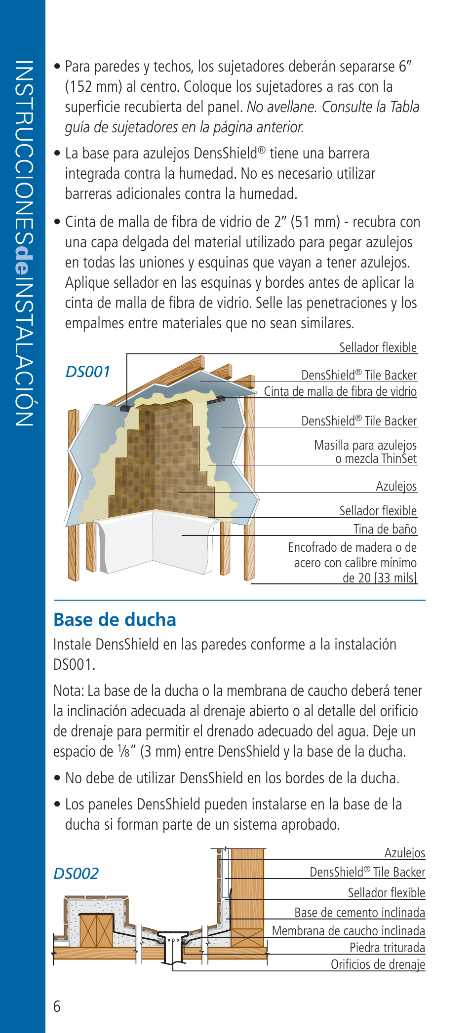Instrucciones de inst alación, Base de ducha | Georgia-Pacific DensShield Tile Backer User Manual | Page 18 / 24