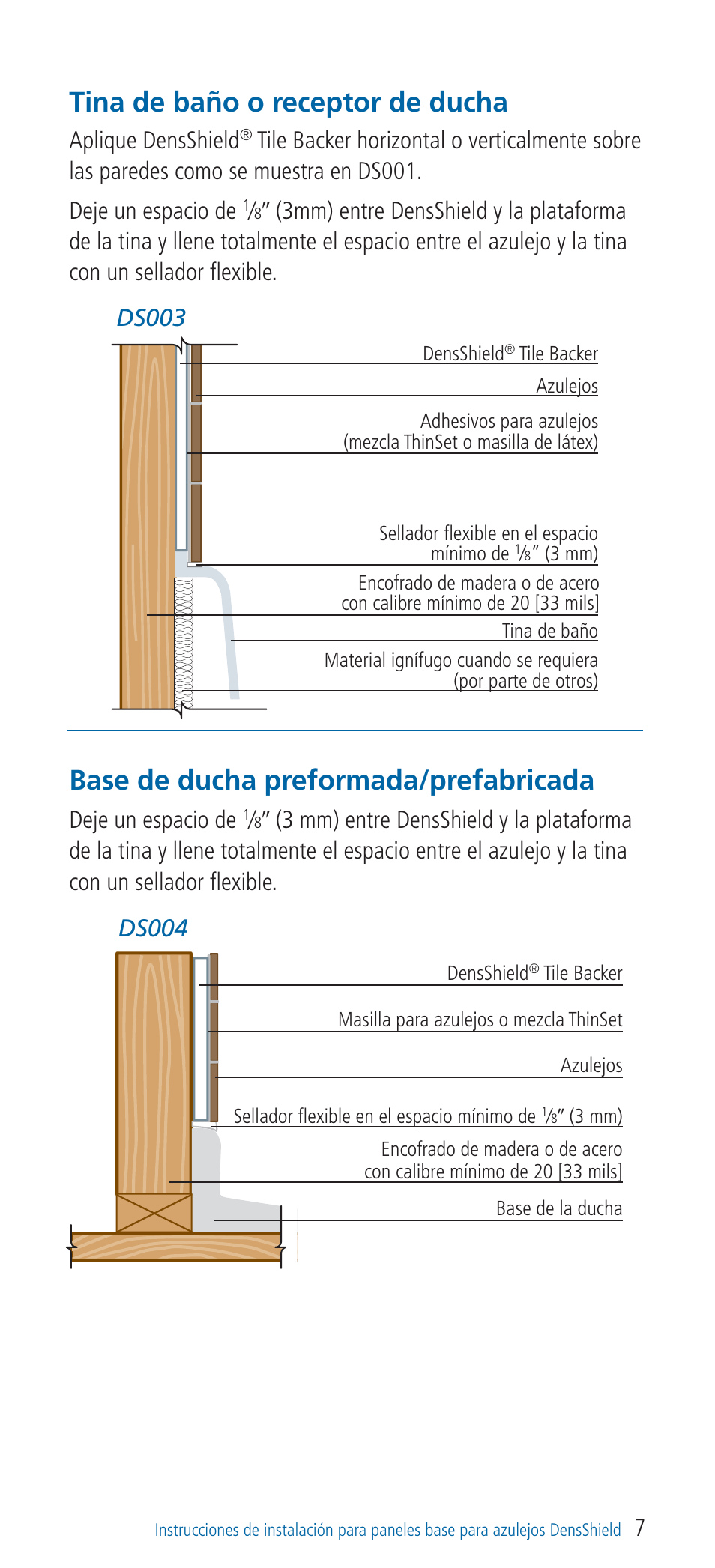 Tina de baño o receptor de ducha, Base de ducha preformada/prefabricada, 7ds003 | Ds004, Aplique densshield, Deje un espacio de | Georgia-Pacific DensShield Tile Backer User Manual | Page 19 / 24