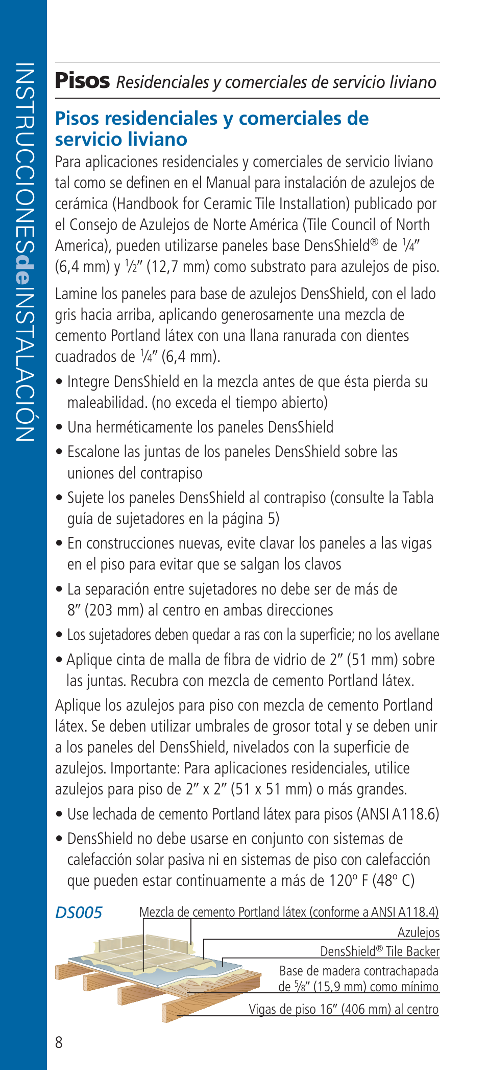 Instrucciones de inst alación, Pisos | Georgia-Pacific DensShield Tile Backer User Manual | Page 20 / 24
