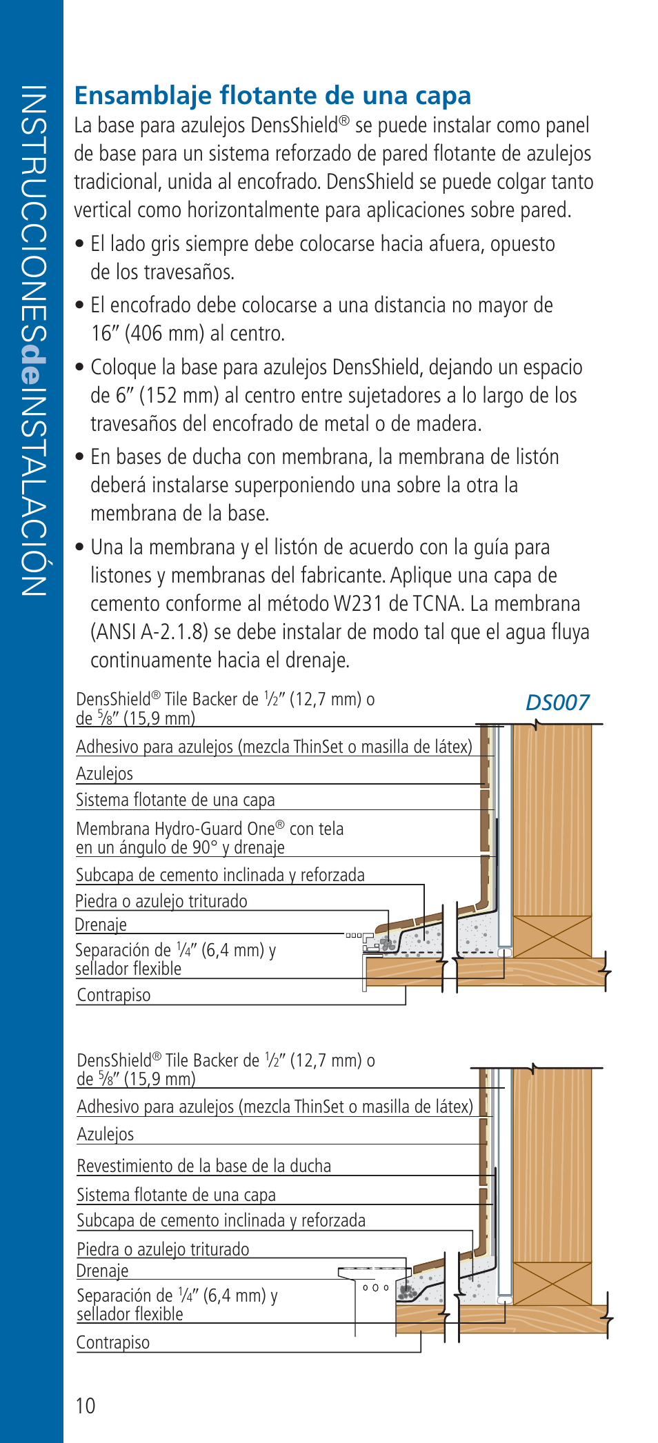 Instrucciones de inst alación, Ensamblaje flotante de una capa, La base para azulejos densshield | Ds007 | Georgia-Pacific DensShield Tile Backer User Manual | Page 22 / 24