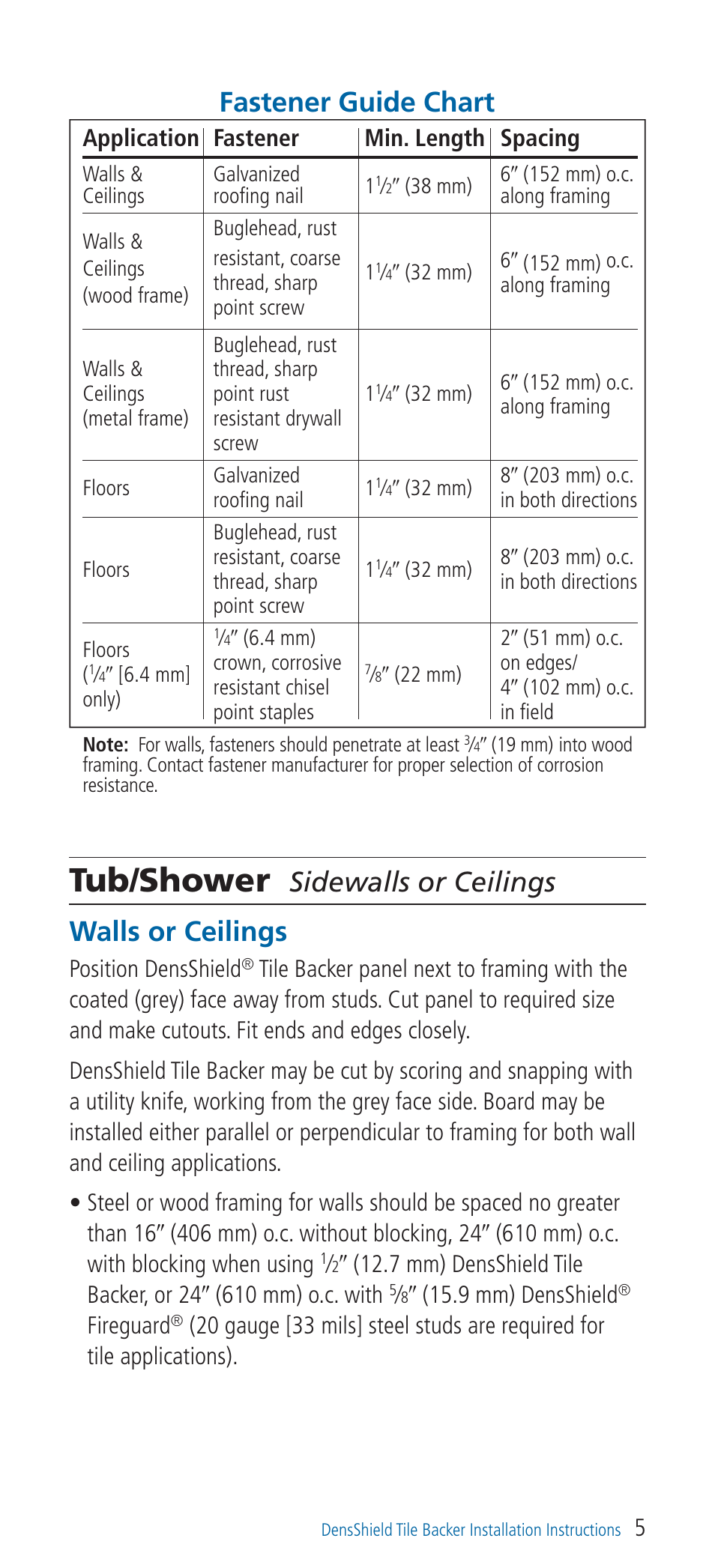 Tub/shower, Sidewalls or ceilings walls or ceilings, Fastener guide chart | Position densshield, 9(15.9 mm) densshield, Fireguard | Georgia-Pacific DensShield Tile Backer User Manual | Page 5 / 24