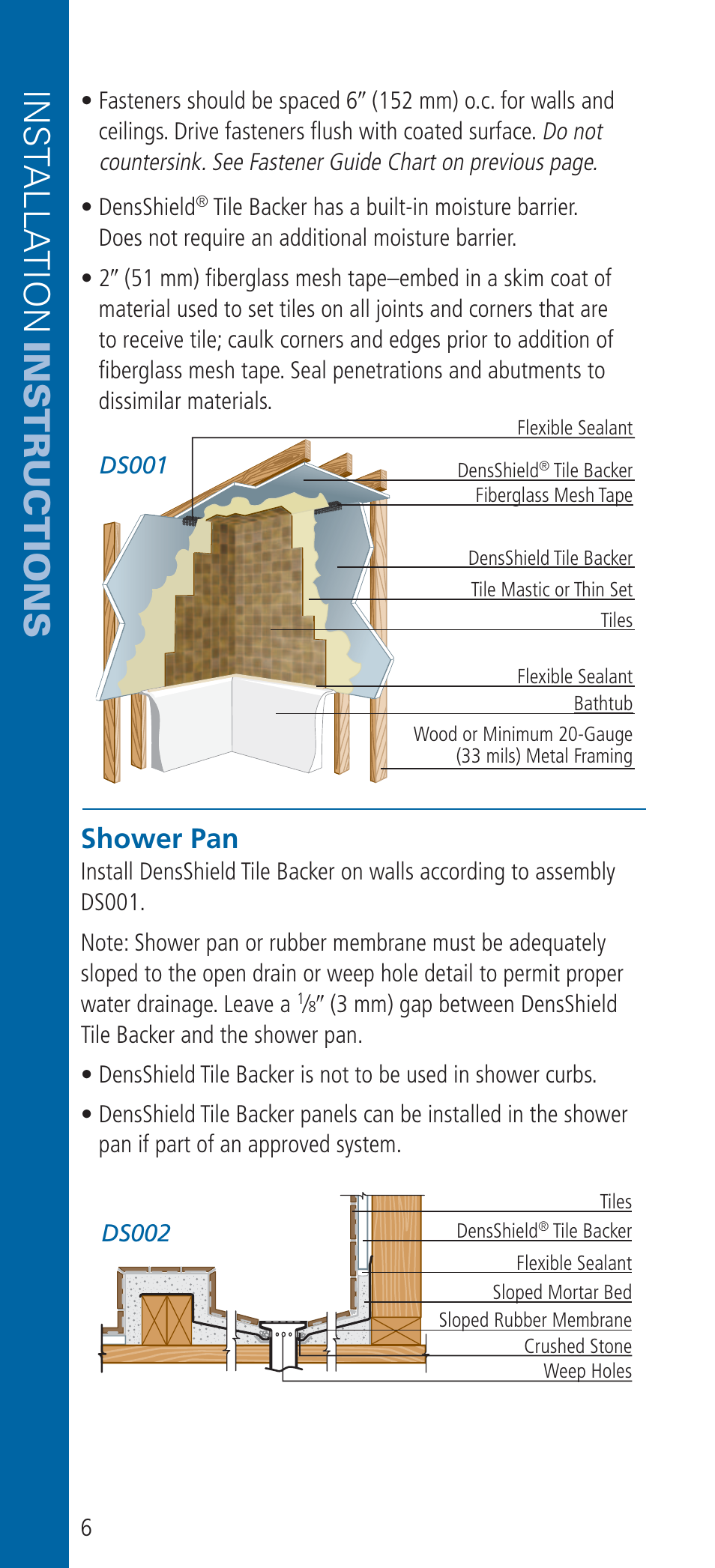 Inst alla tion instructions, Shower pan | Georgia-Pacific DensShield Tile Backer User Manual | Page 6 / 24