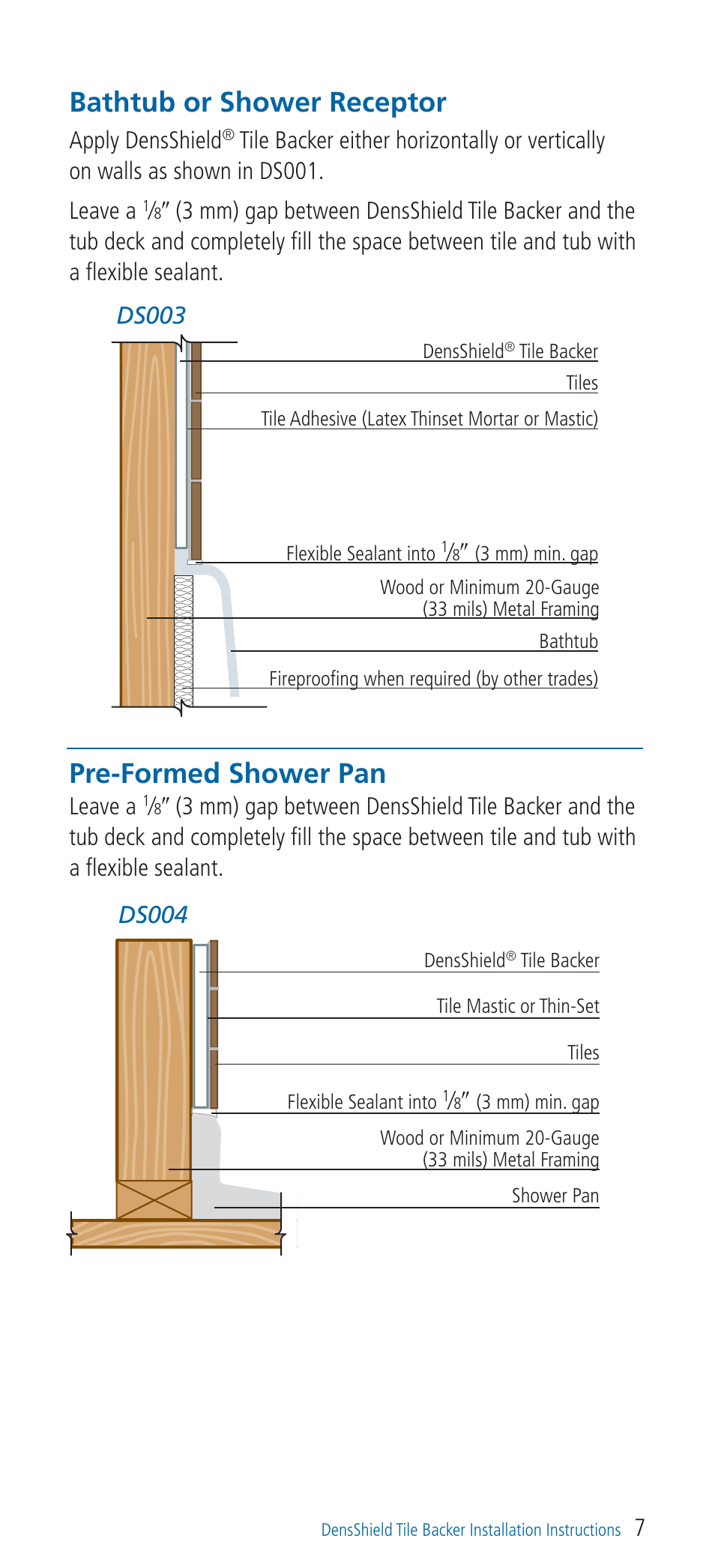 Bathtub or shower receptor, Pre-formed shower pan, Apply densshield | Leave a, 7ds003, Ds004 | Georgia-Pacific DensShield Tile Backer User Manual | Page 7 / 24