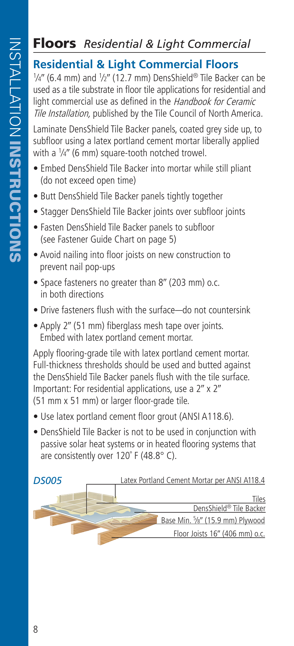 Inst alla tion instructions, Floors, Residential & light commercial | Residential & light commercial floors | Georgia-Pacific DensShield Tile Backer User Manual | Page 8 / 24