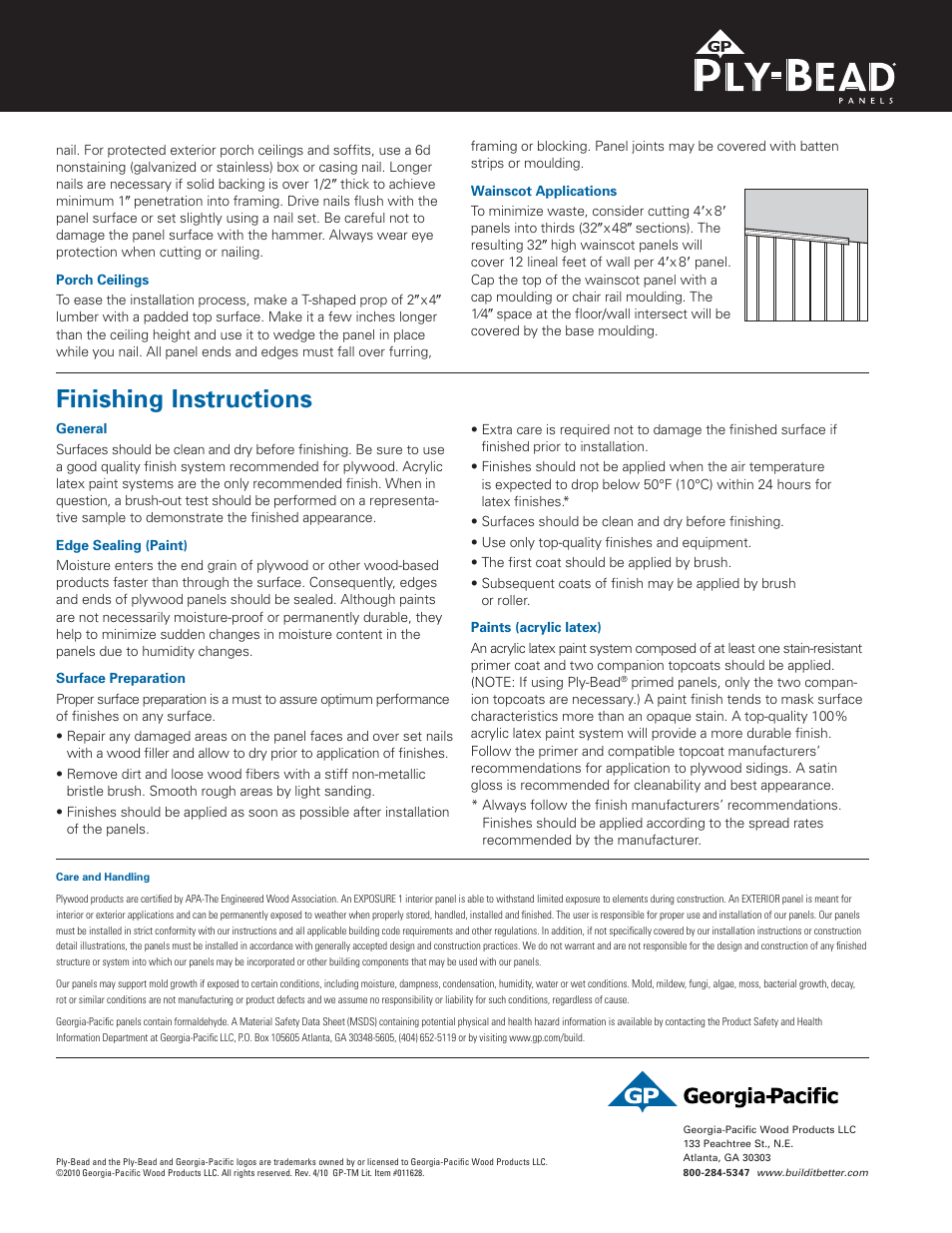 Finishing instructions | Georgia-Pacific Ply-Bead Panels User Manual | Page 2 / 2