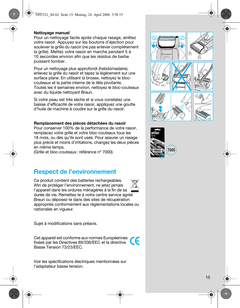 Respect de l’environnement | Braun 7650 User Manual | Page 15 / 60