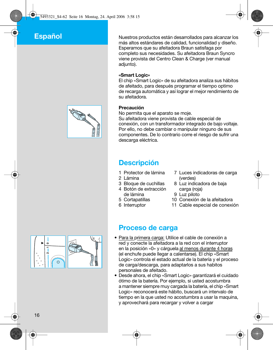 Descripción, Proceso de carga, Español | Braun 7650 User Manual | Page 16 / 60