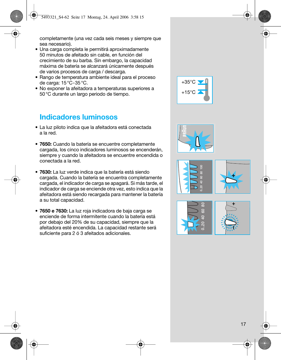 Indicadores luminosos | Braun 7650 User Manual | Page 17 / 60