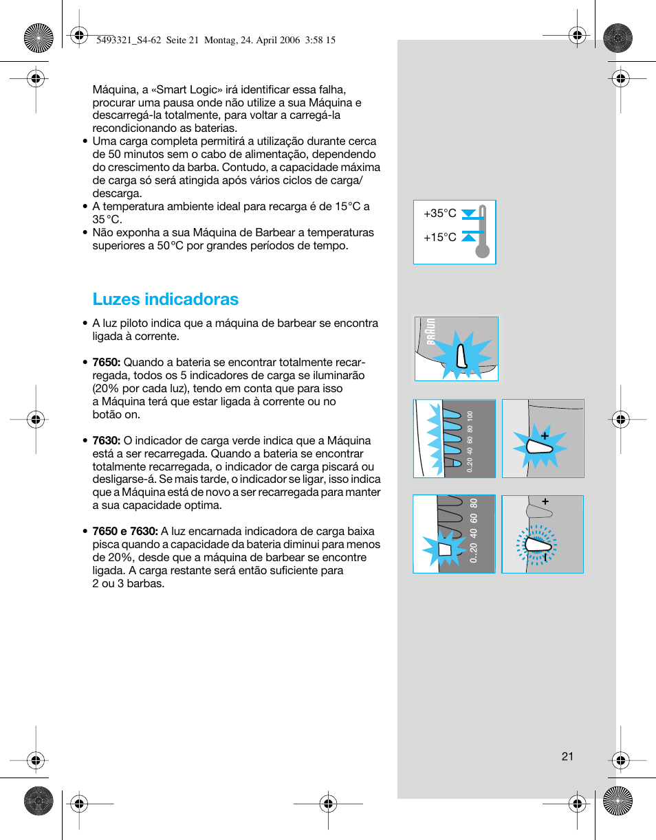 Luzes indicadoras | Braun 7650 User Manual | Page 21 / 60