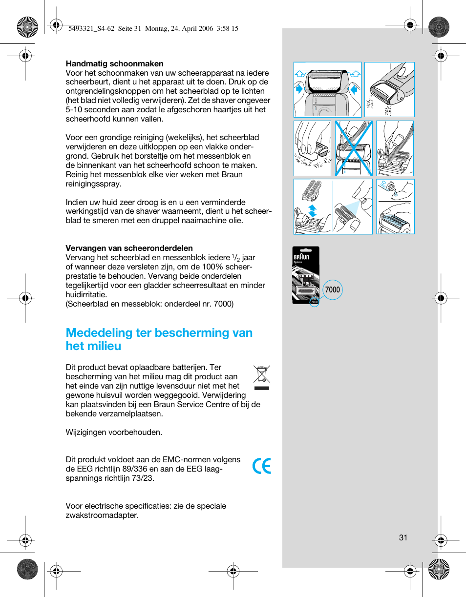 Mededeling ter bescherming van het milieu | Braun 7650 User Manual | Page 31 / 60