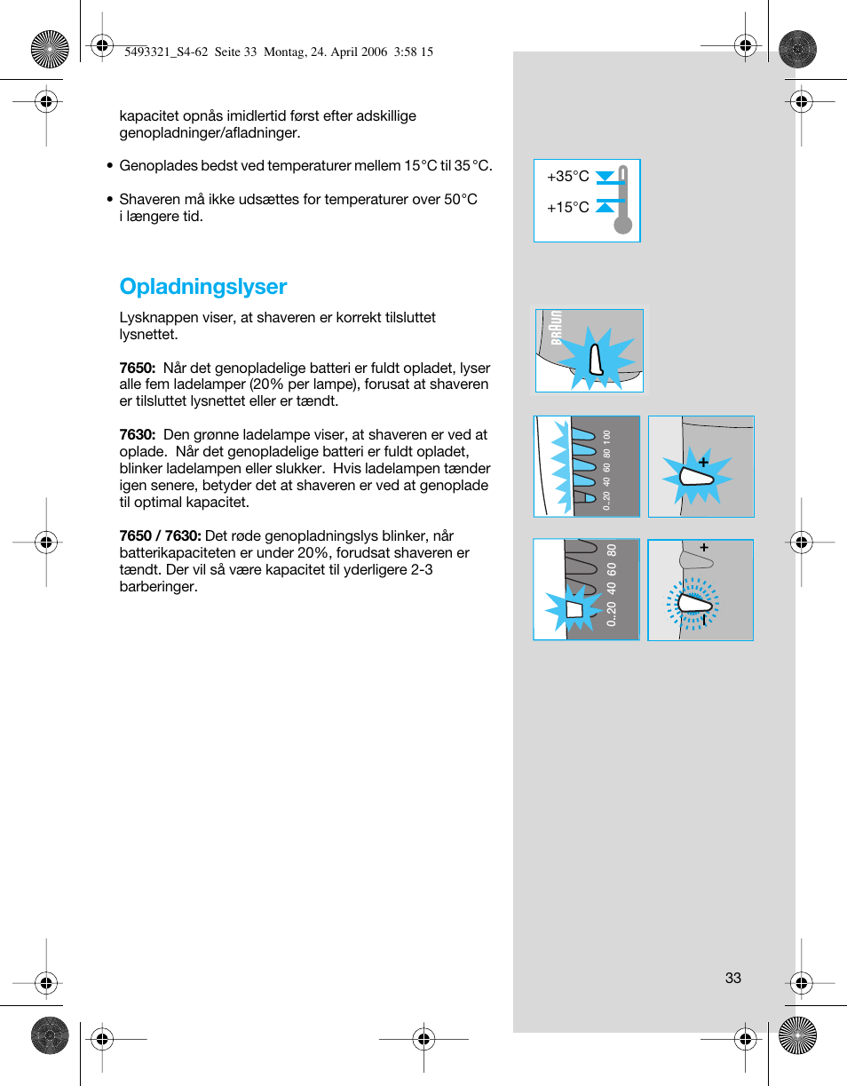 Opladningslyser | Braun 7650 User Manual | Page 33 / 60