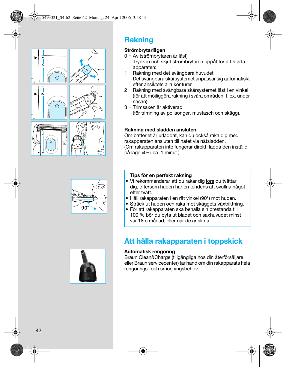 Rakning, Att hålla rakapparaten i toppskick | Braun 7650 User Manual | Page 42 / 60