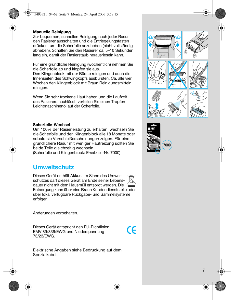Umweltschutz | Braun 7650 User Manual | Page 7 / 60