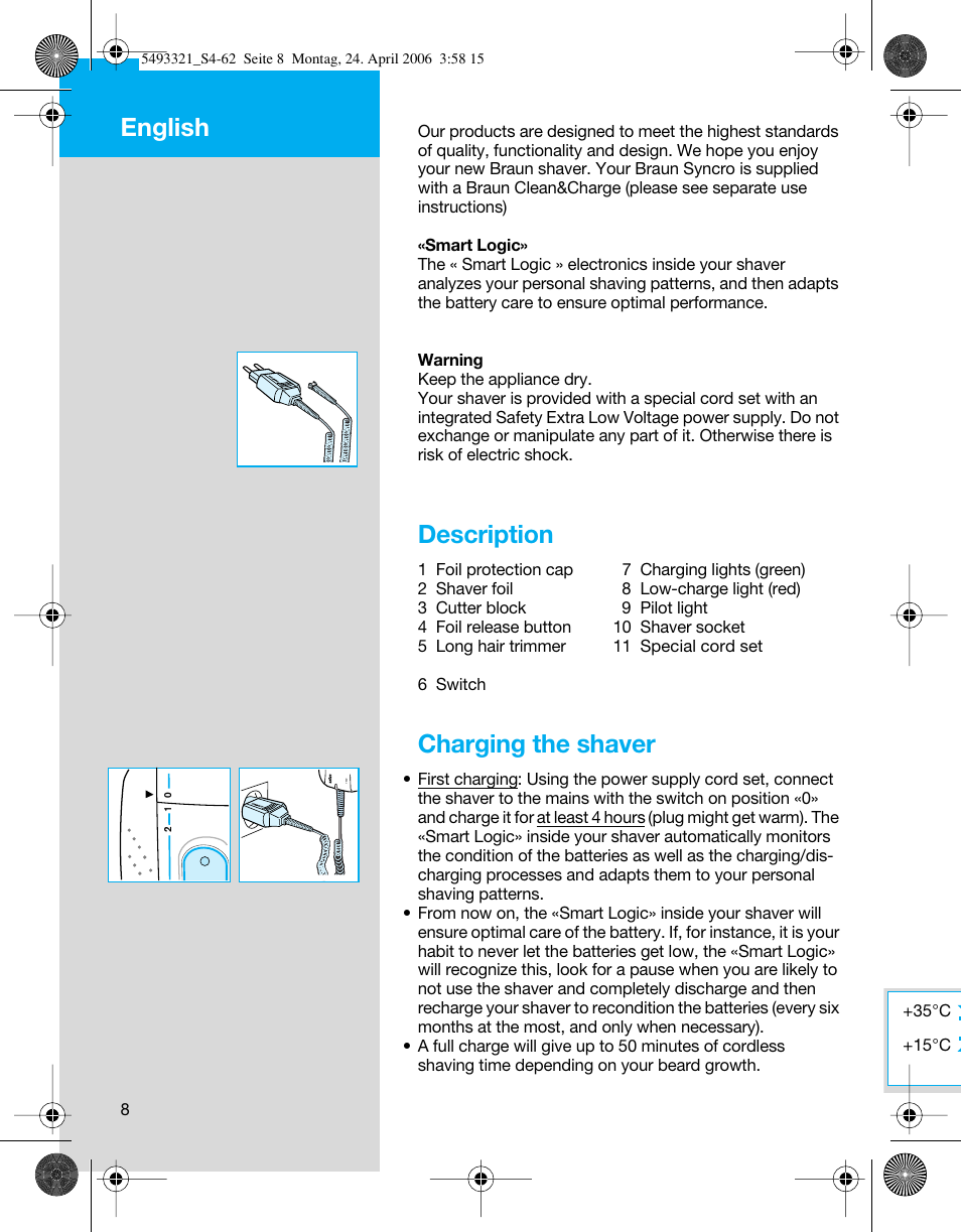 Description, Charging the shaver, English | Braun 7650 User Manual | Page 8 / 60