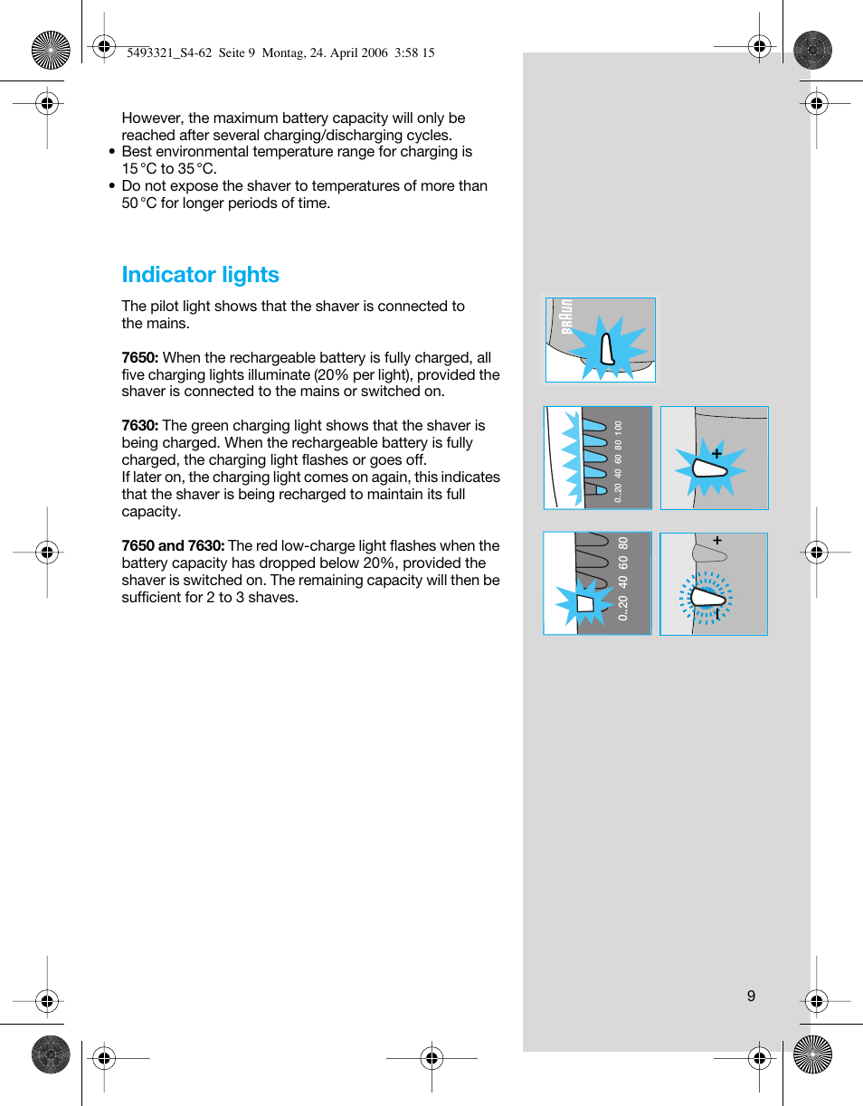 Indicator lights | Braun 7650 User Manual | Page 9 / 60