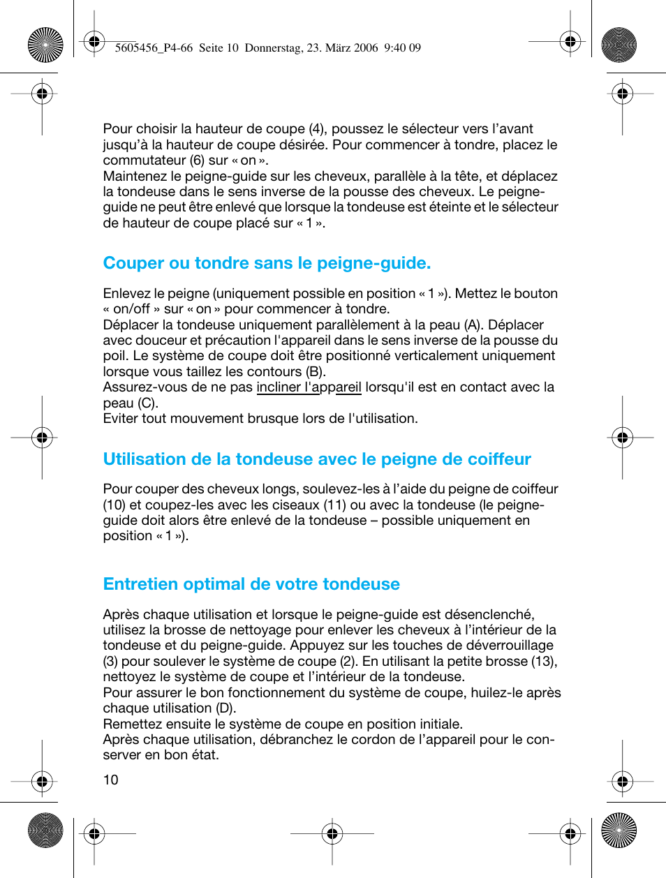 Couper ou tondre sans le peigne-guide, Entretien optimal de votre tondeuse | Braun HC 50 User Manual | Page 10 / 62