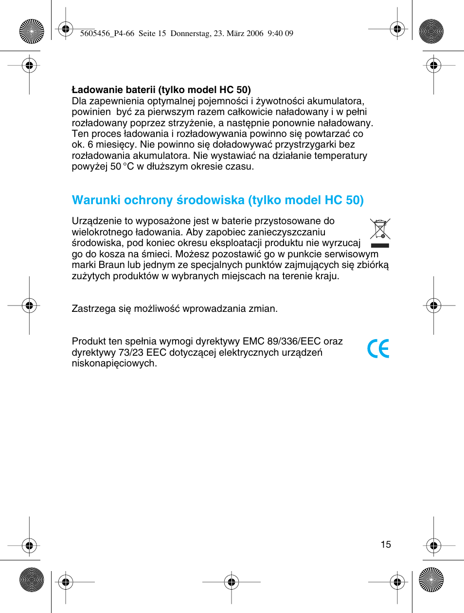 Warunki ochrony êrodowiska (tylko model hc 50) | Braun HC 50 User Manual | Page 15 / 62
