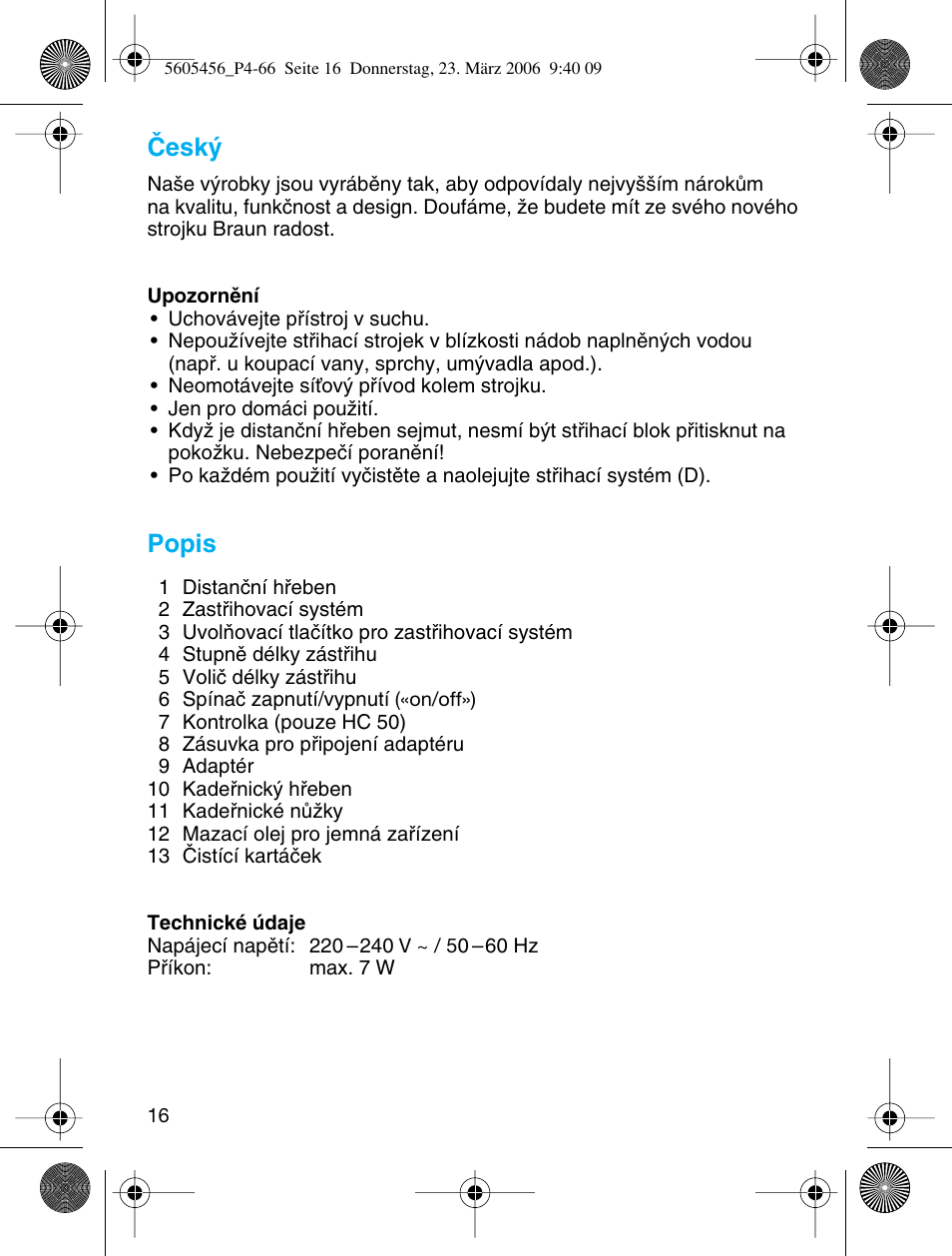 Âesk, Popis | Braun HC 50 User Manual | Page 16 / 62