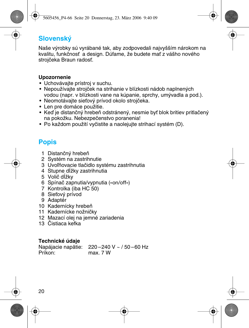 Slovensk, Popis | Braun HC 50 User Manual | Page 20 / 62