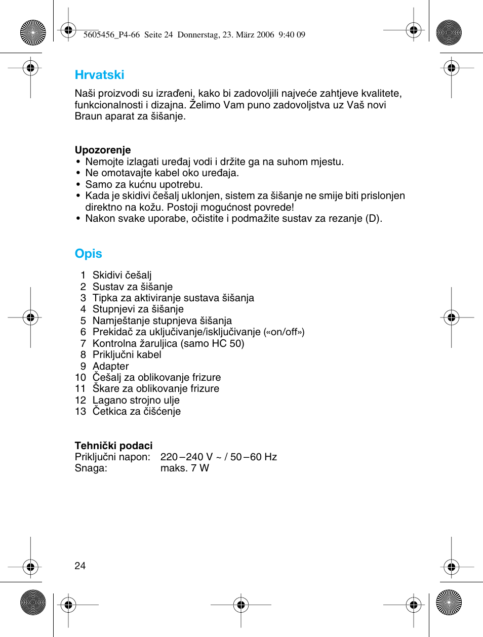 Hrvatski, Opis | Braun HC 50 User Manual | Page 24 / 62