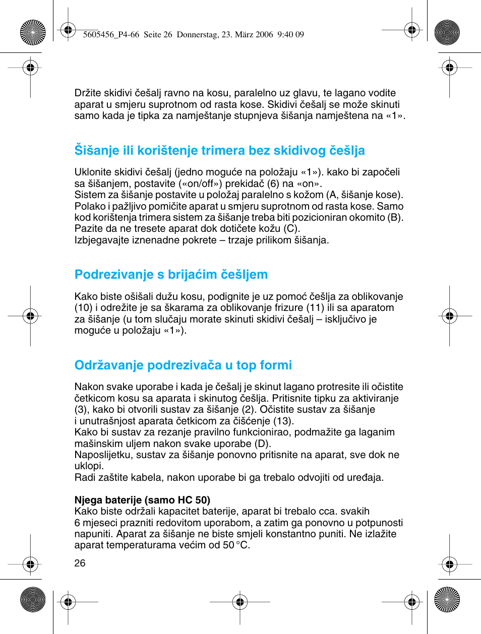 I‰anje ili kori‰tenje trimera bez skidivog ãe‰lja, Podrezivanje s brijaçim ãe‰ljem, Odrïavanje podrezivaãa u top formi | Braun HC 50 User Manual | Page 26 / 62