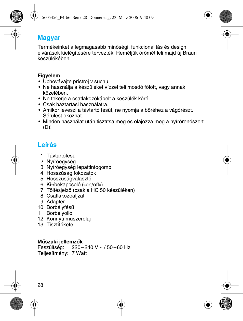 Magyar, Leírás | Braun HC 50 User Manual | Page 28 / 62