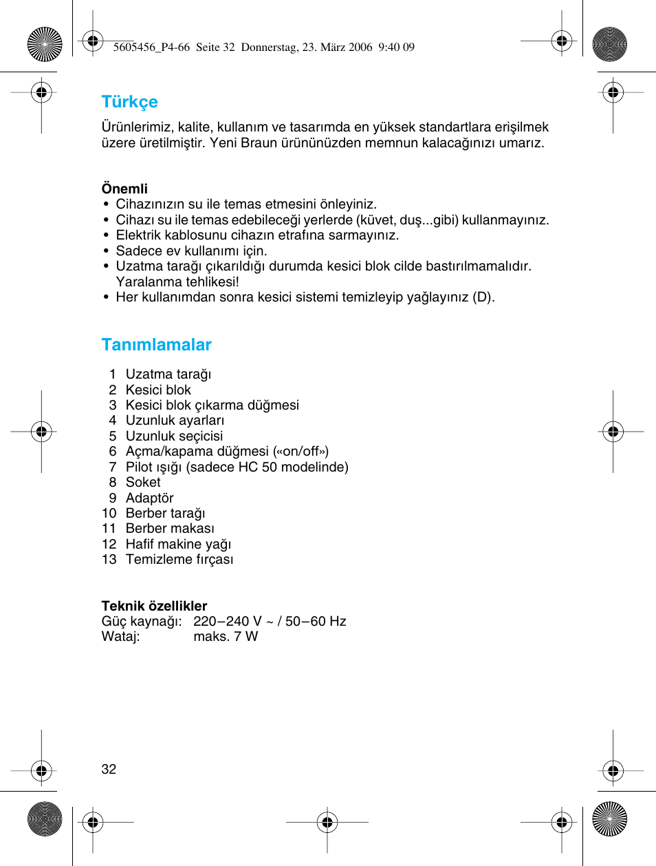 Türkçe, Tanımlamalar | Braun HC 50 User Manual | Page 32 / 62