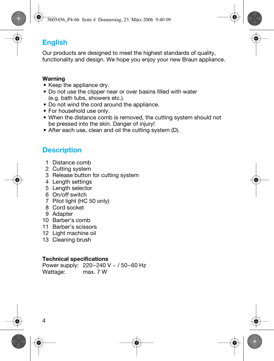 Description, English | Braun HC 50 User Manual | Page 4 / 62