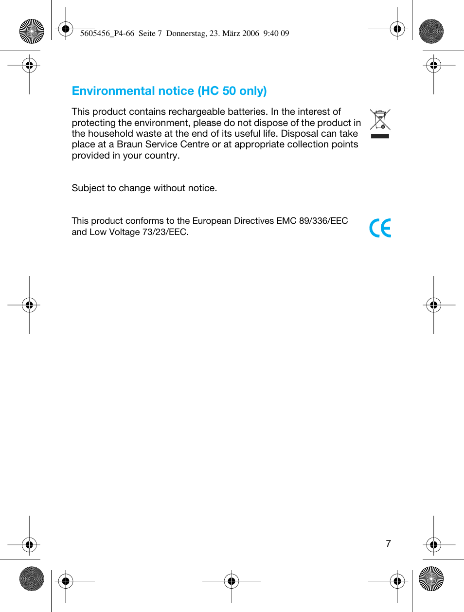Environmental notice (hc 50 only) | Braun HC 50 User Manual | Page 7 / 62