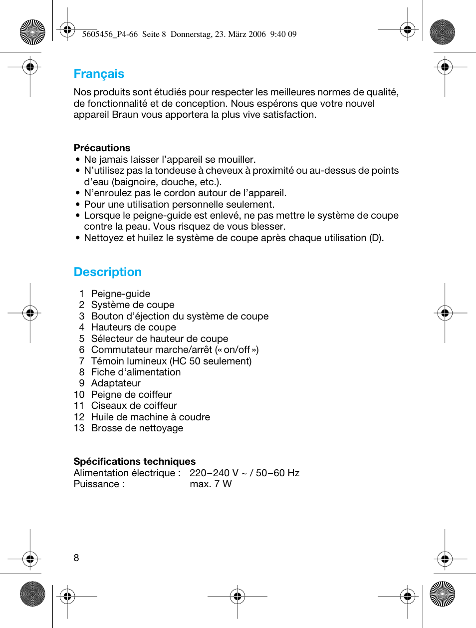 Français, Description | Braun HC 50 User Manual | Page 8 / 62