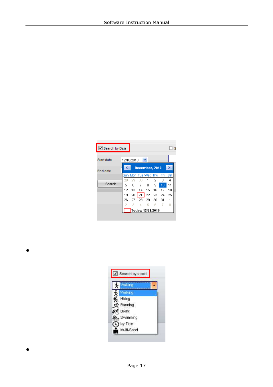2 file menu, 3 search menu, 1 open | 2 save, 1 search by date, 2 search by sport type | GLOBALSAT Training Gym Pro v1.2 Instruction Manual User Manual | Page 17 / 39
