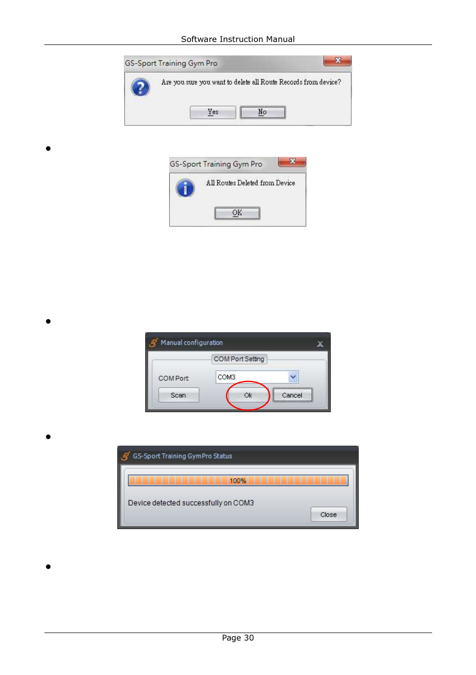 6 configuration menu, 1 com port setting, 2 device configuration | GLOBALSAT Training Gym Pro v1.2 Instruction Manual User Manual | Page 30 / 39