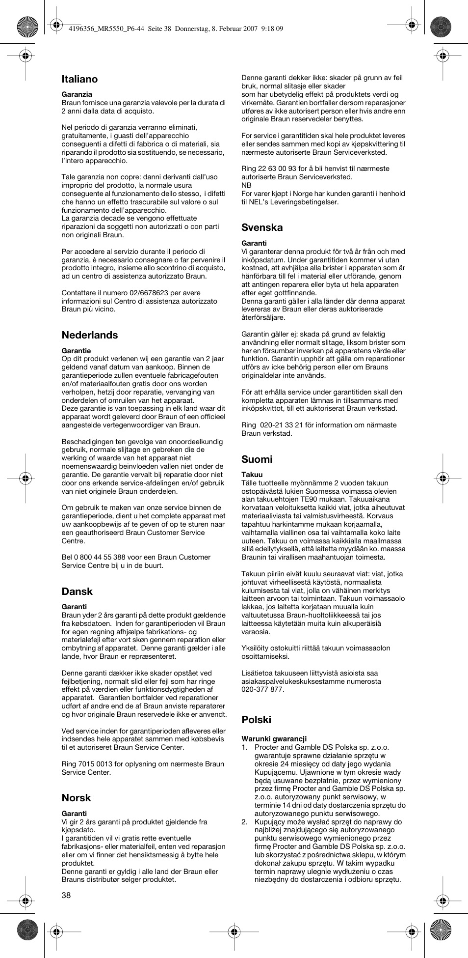 Italiano, Nederlands, Dansk | Norsk, Svenska, Suomi, Polski | Braun MR 5550 MCA User Manual | Page 37 / 39