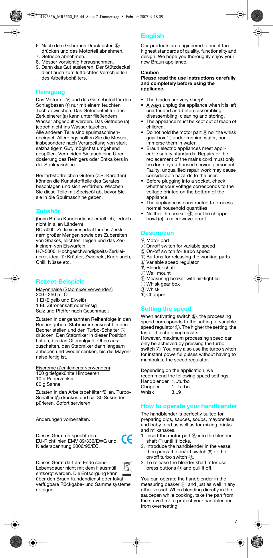 English, Reinigung, Zubehör | Rezept-beispiele, Description, Setting the speed, How to operate your handblender | Braun MR 5550 MCA User Manual | Page 6 / 39