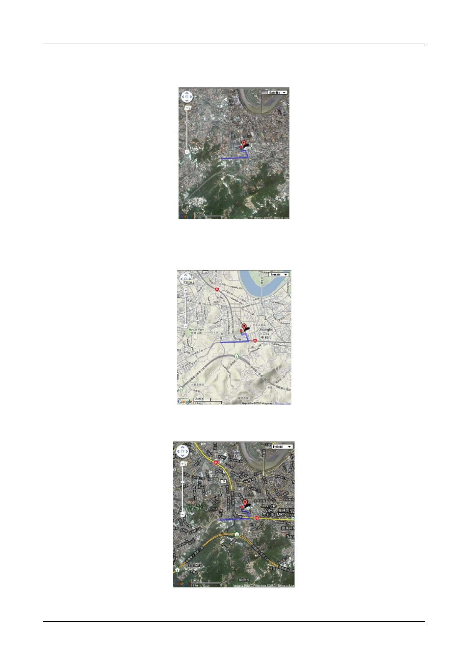 2 satellite map (google map), 3 terrain map (open street map), 4 hybrid map (open street map) | GLOBALSAT Training Gym Pro v1.0 Instruction Manual User Manual | Page 28 / 30