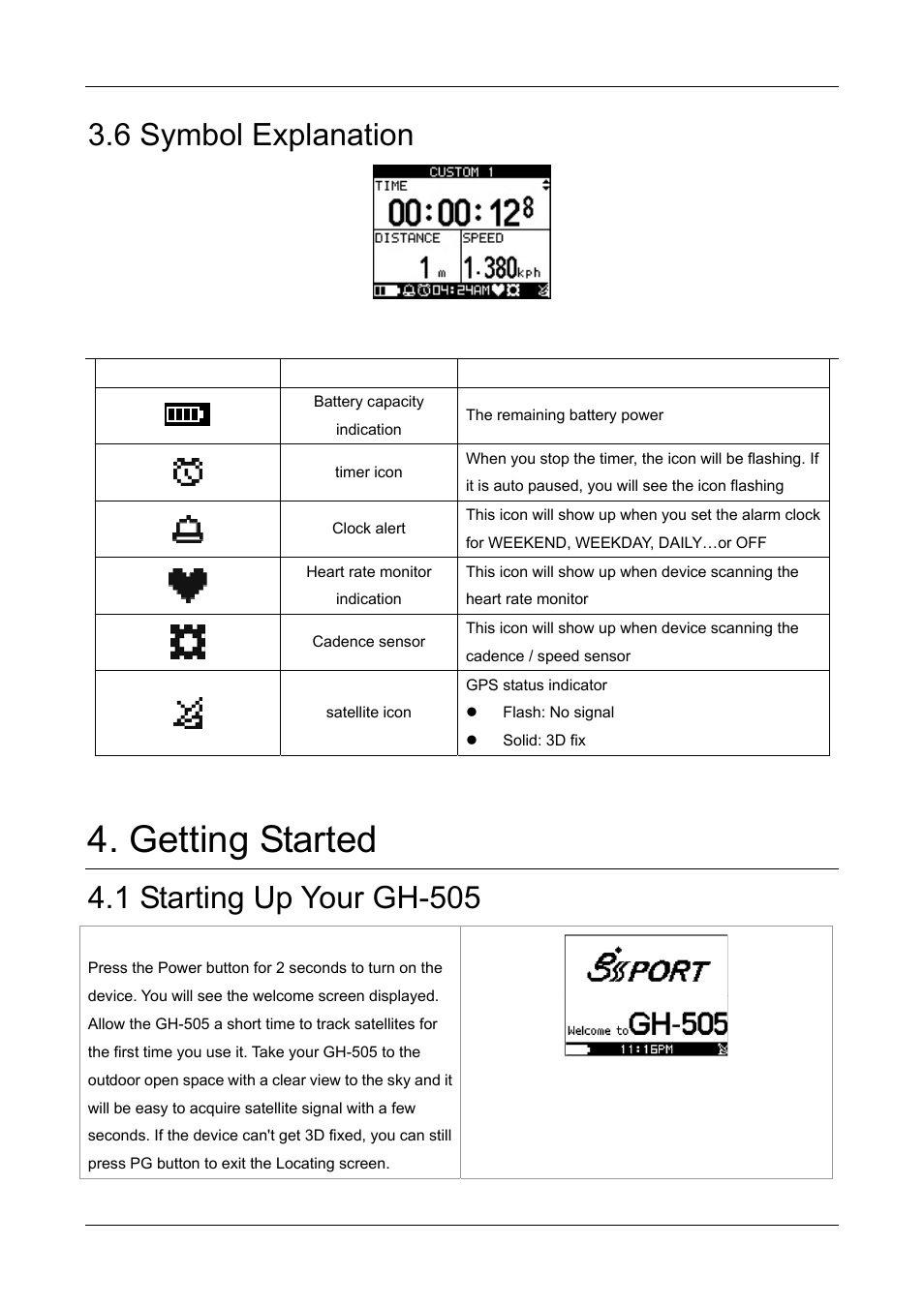 Getting started, 6 symbol explanation, 1 starting up your gh-505 | GLOBALSAT GH-505 User Manual User Manual | Page 12 / 65