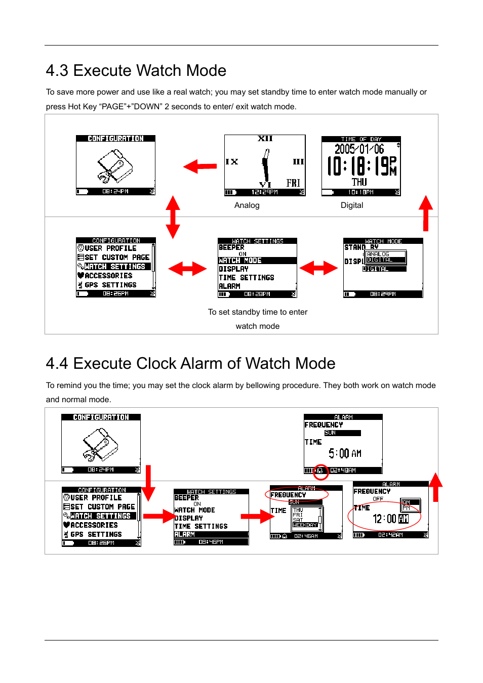 3 execute watch mode, 4 execute clock alarm of watch mode | GLOBALSAT GH-505 User Manual User Manual | Page 14 / 65