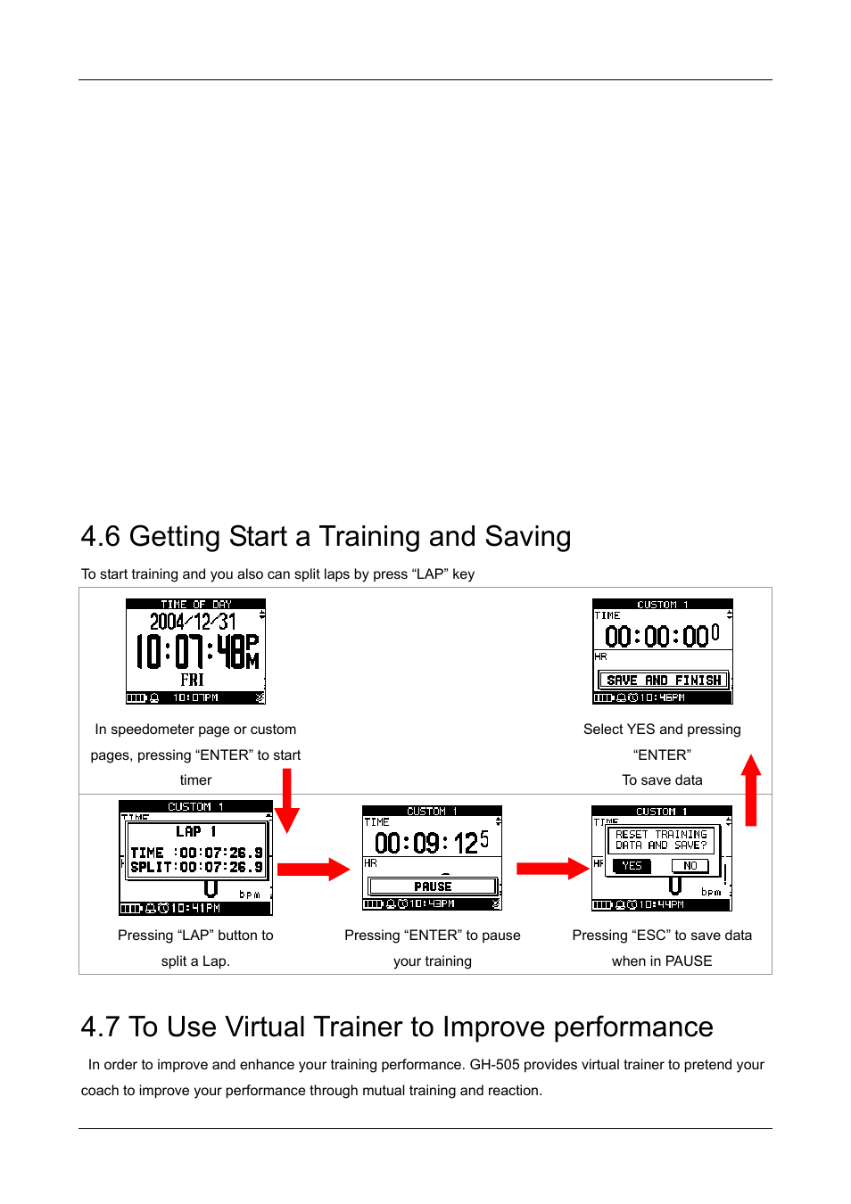 6 getting start a training and saving, 7 to use virtual trainer to improve performance | GLOBALSAT GH-505 User Manual User Manual | Page 16 / 65