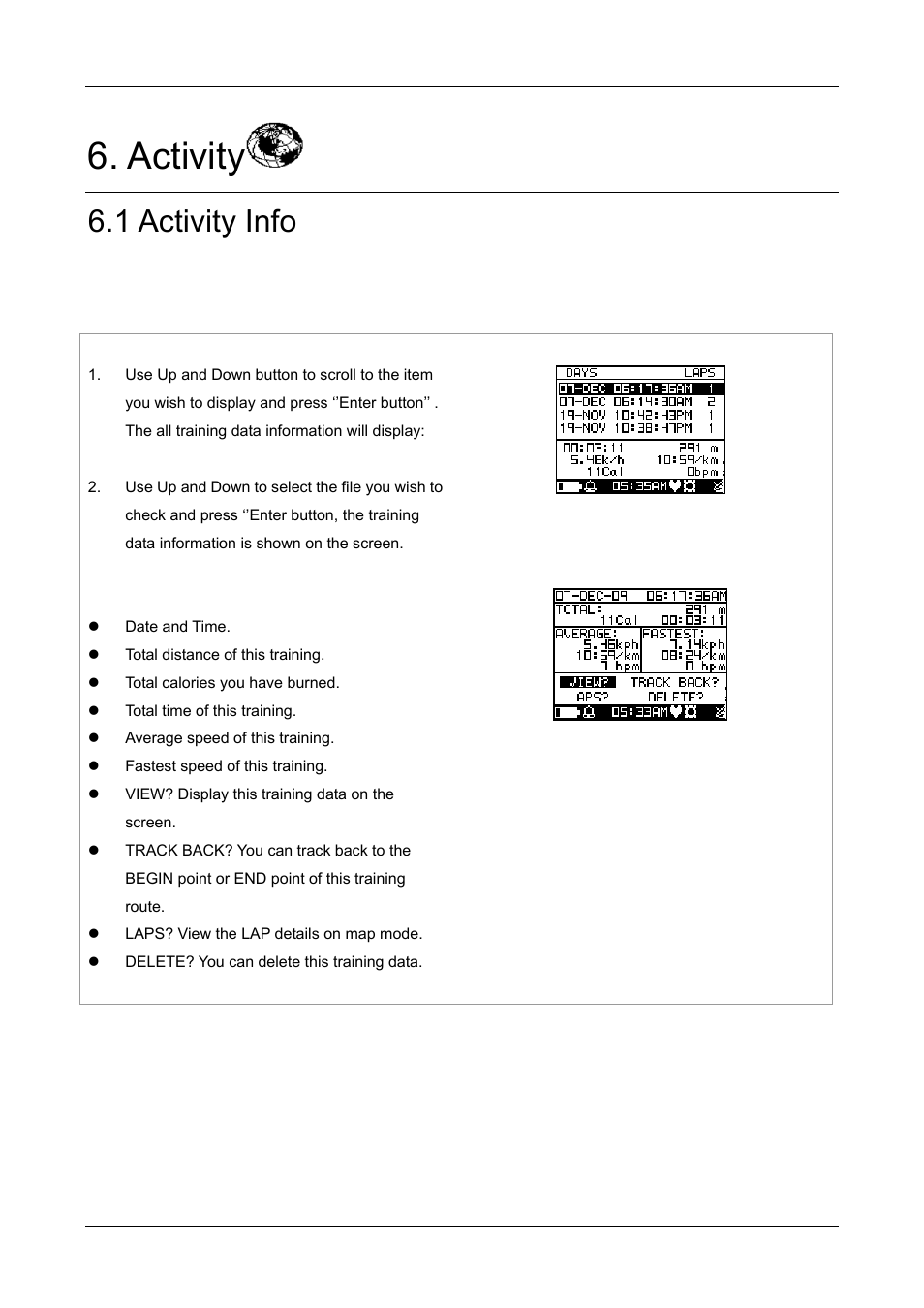 Activity, 1 activity info, 1 training info | GLOBALSAT GH-505 User Manual User Manual | Page 25 / 65