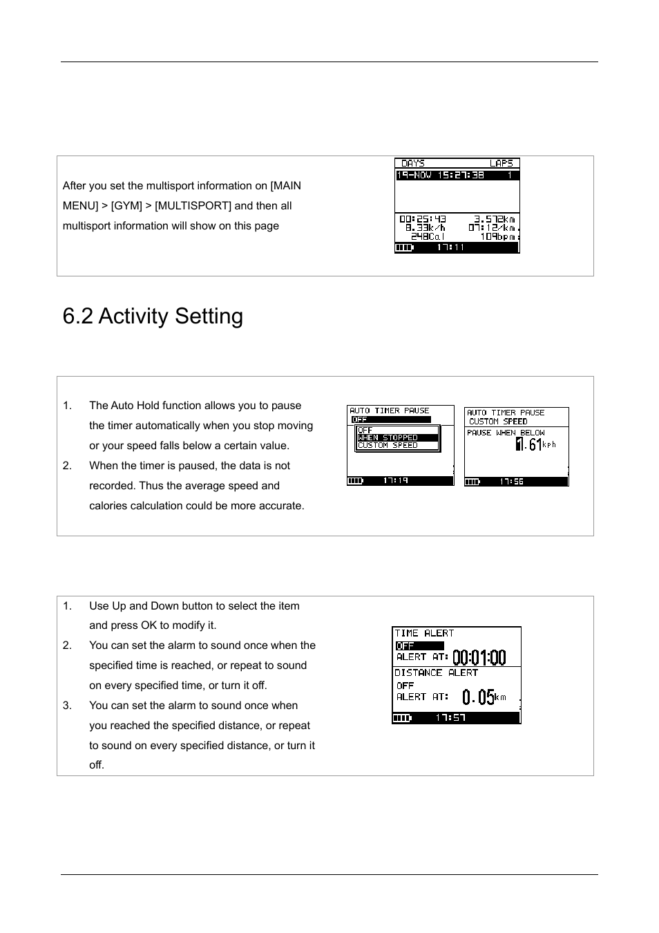 2 activity setting, 2 multi-sport info, 1 auto hold | 1 alerts - time / distance alert | GLOBALSAT GH-505 User Manual User Manual | Page 26 / 65