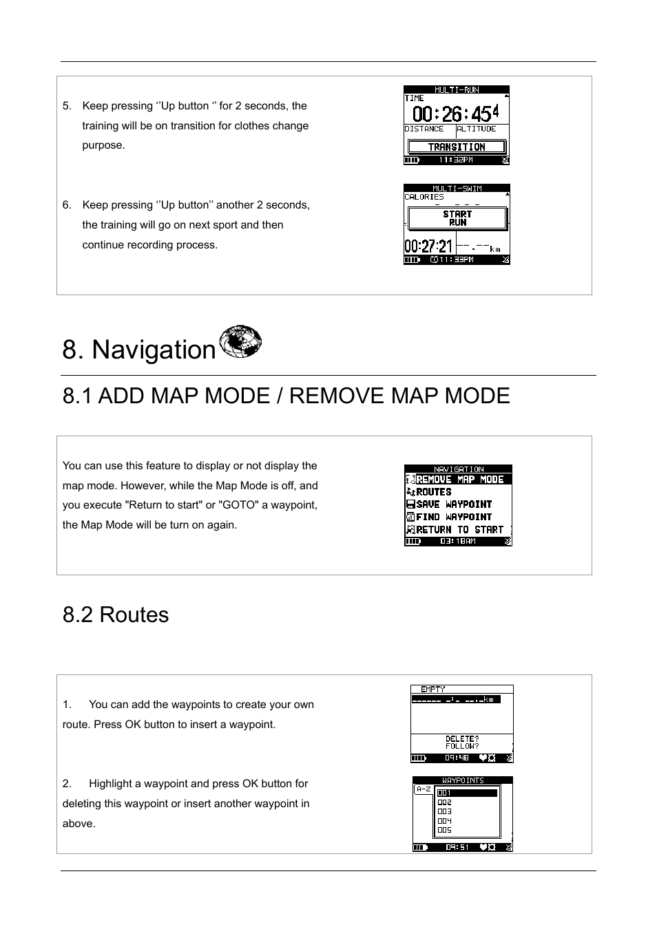 Navigation, 1 add map mode / remove map mode, 2 routes | 1 create new | GLOBALSAT GH-505 User Manual User Manual | Page 33 / 65