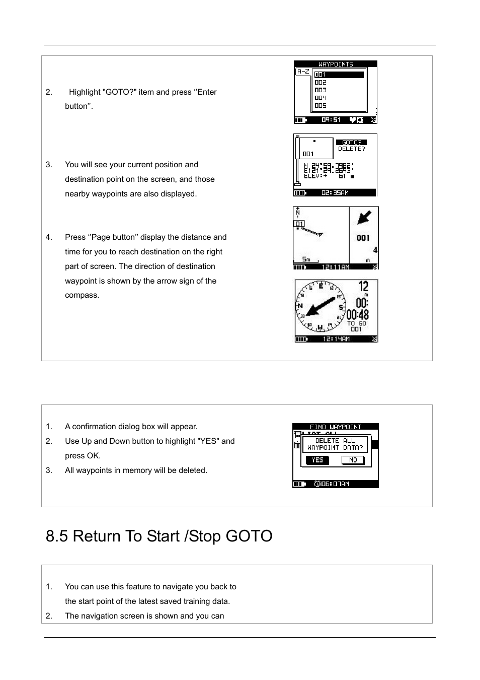 5 return to start /stop goto, 2 delete all | GLOBALSAT GH-505 User Manual User Manual | Page 36 / 65