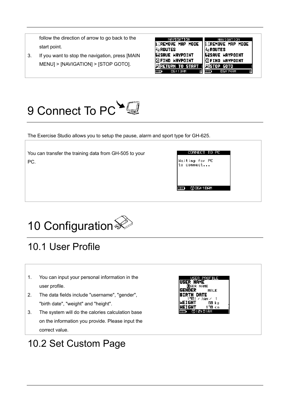 9 connect to pc, 10 configuration, 1 user profile | 2 set custom page | GLOBALSAT GH-505 User Manual User Manual | Page 37 / 65
