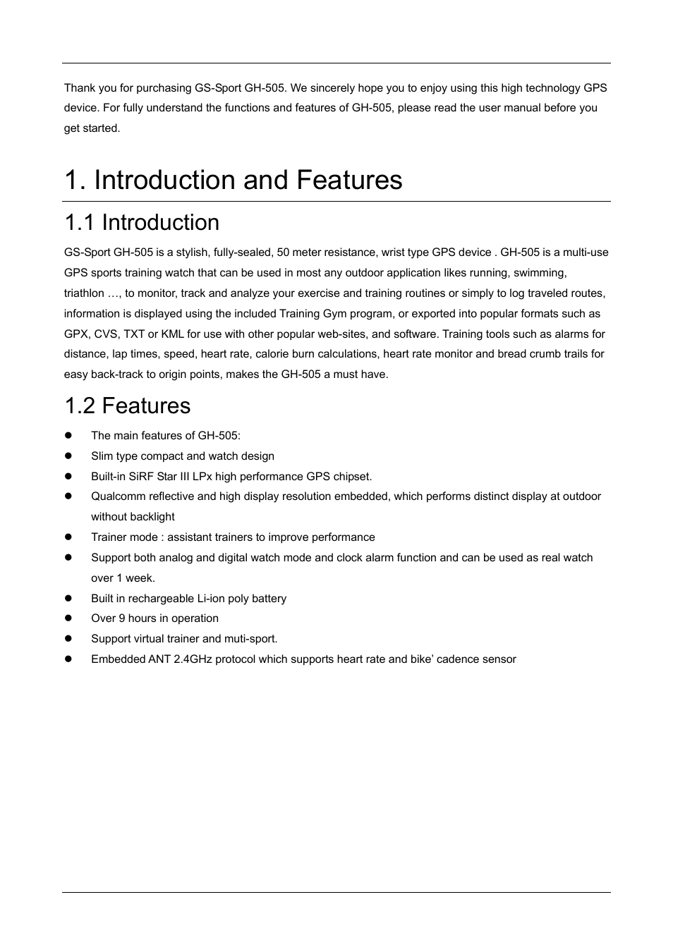 Introduction and features, 1 introduction, 2 features | GLOBALSAT GH-505 User Manual User Manual | Page 4 / 65