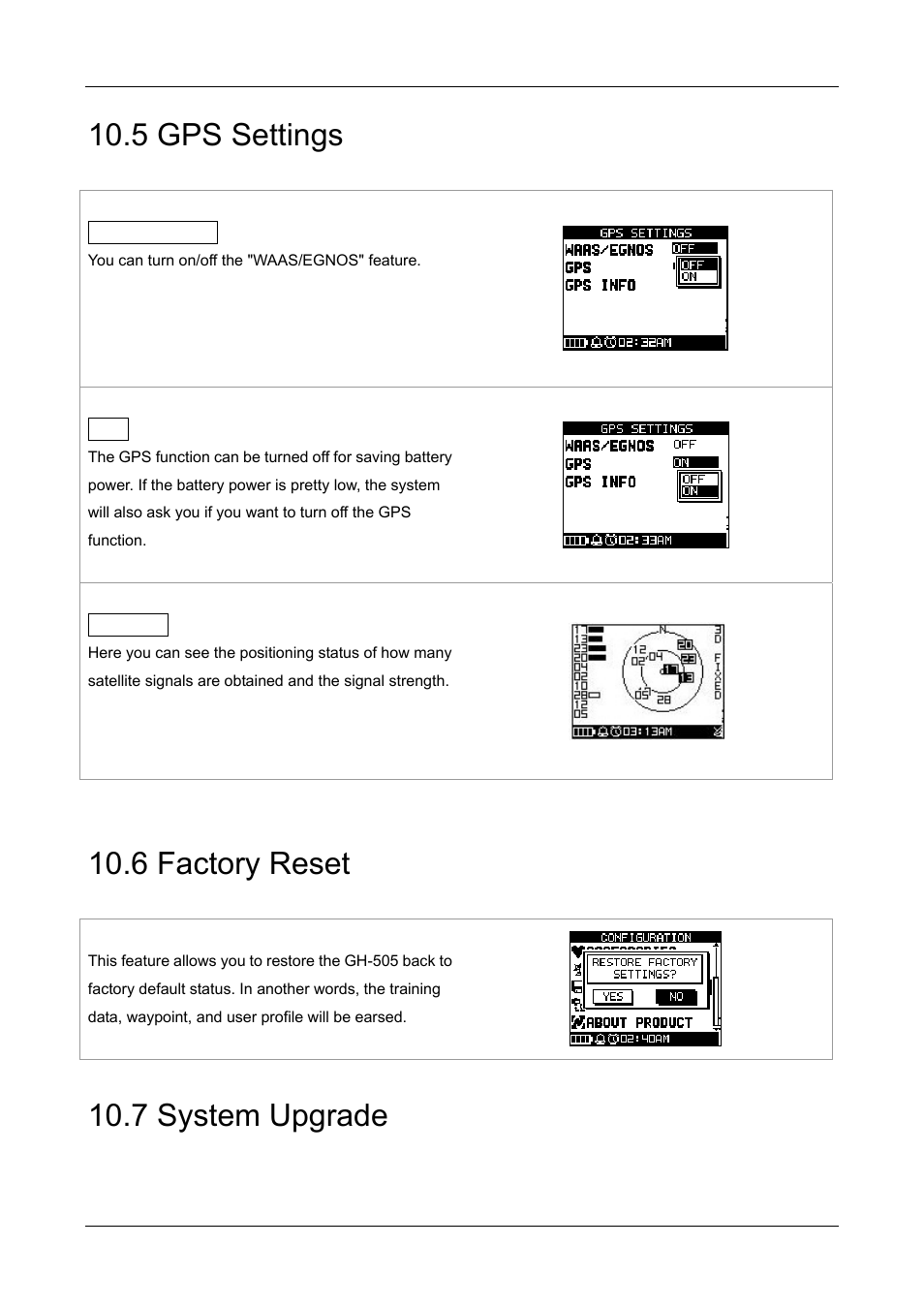 5 gps settings, 6 factory reset, 7 system upgrade | GLOBALSAT GH-505 User Manual User Manual | Page 42 / 65