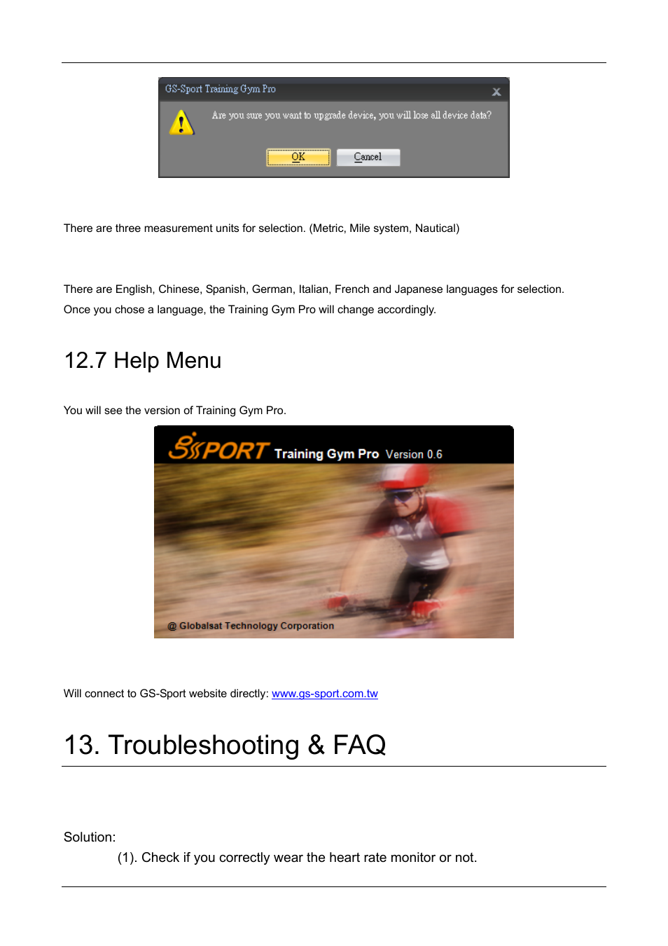 Troubleshooting & faq, 7 help menu, 4 unit exchange | 5 language, 1 about gs-sport, 2 about us | GLOBALSAT GH-505 User Manual User Manual | Page 64 / 65